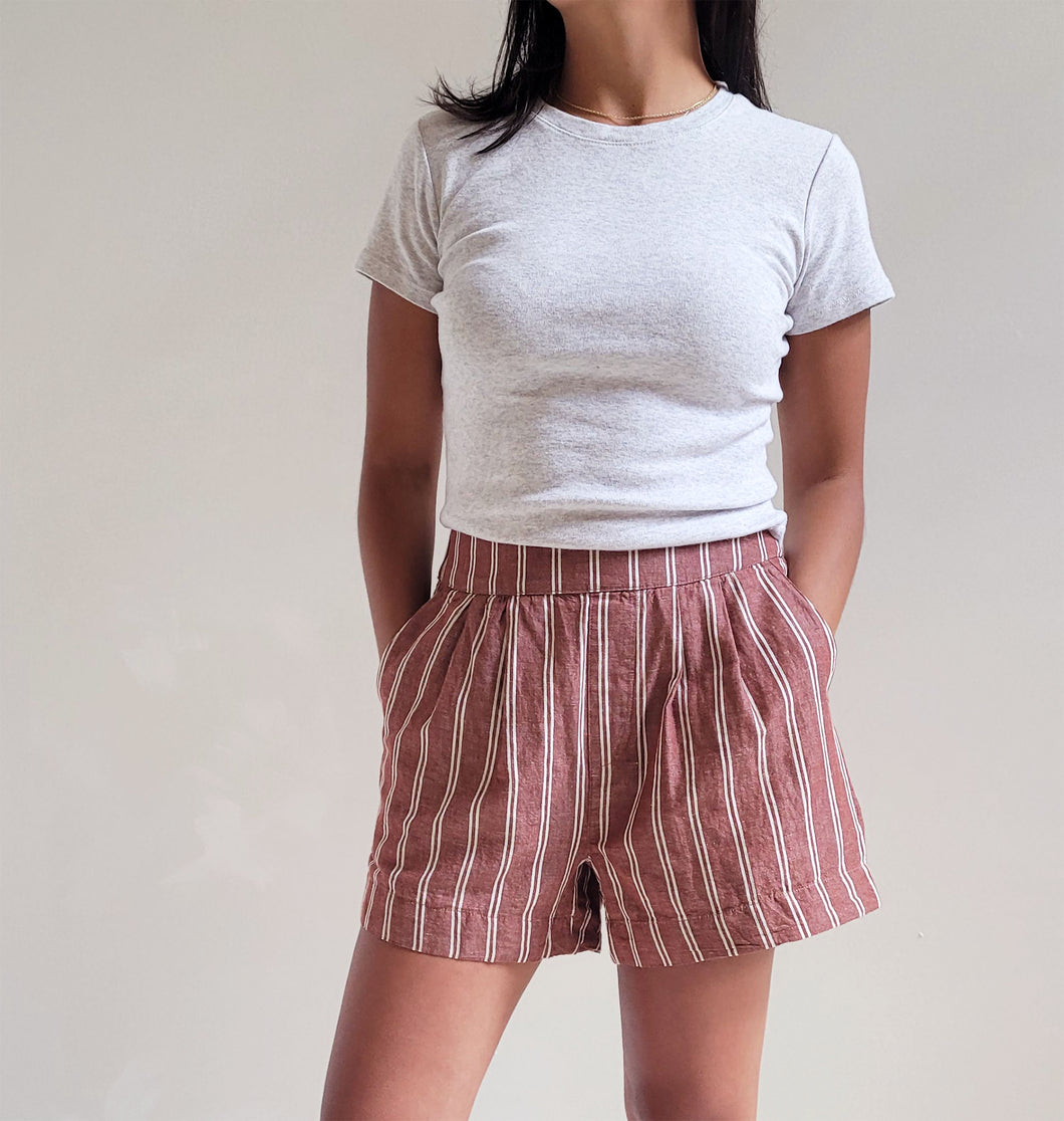 Linen Stripe Canopy Shorts - Mahogany